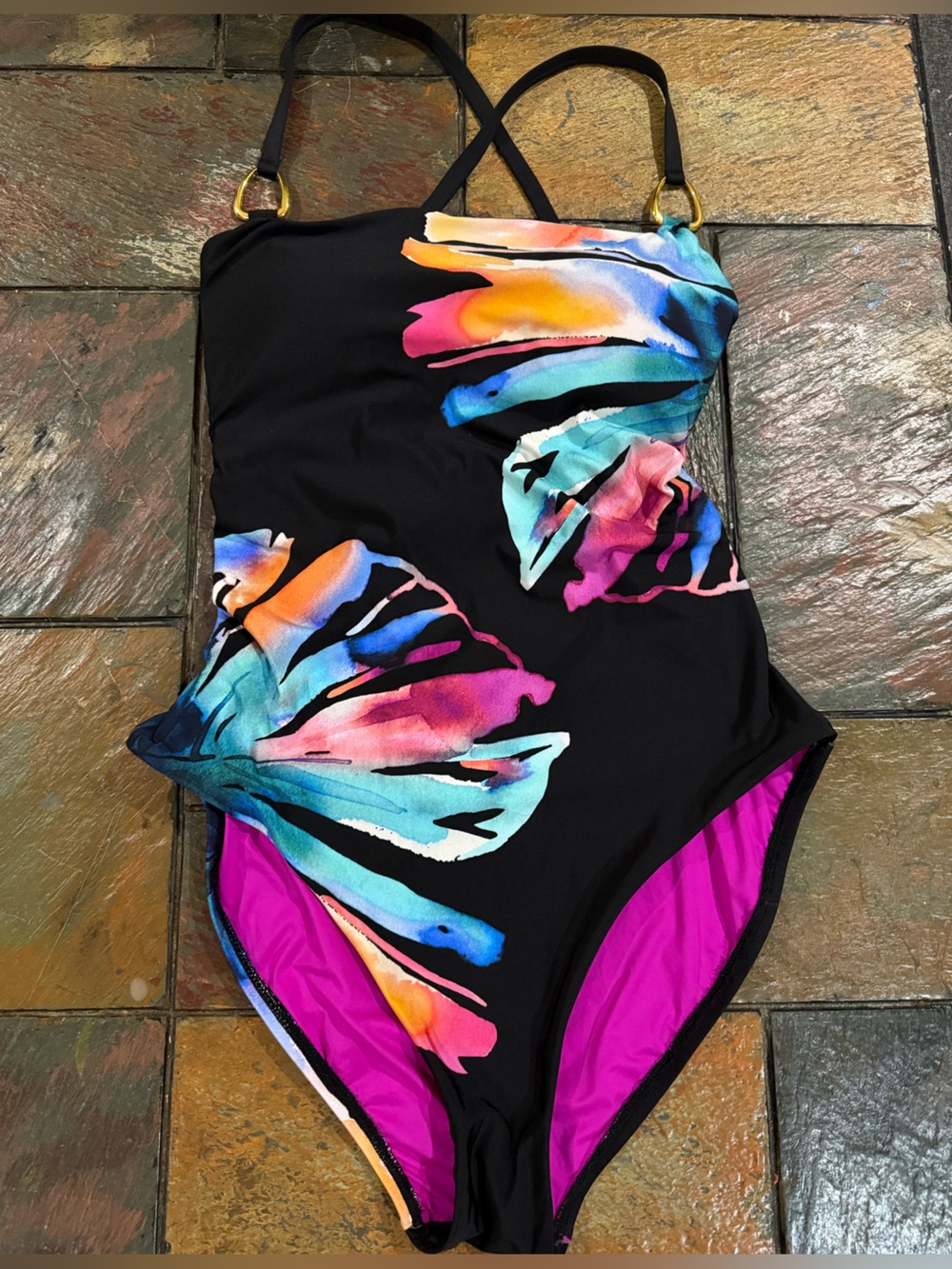 LA BLANCA 'Prism Palm' One Shoulder Black Multi One Piece Swimsuit Size M - Picture 3 of 8